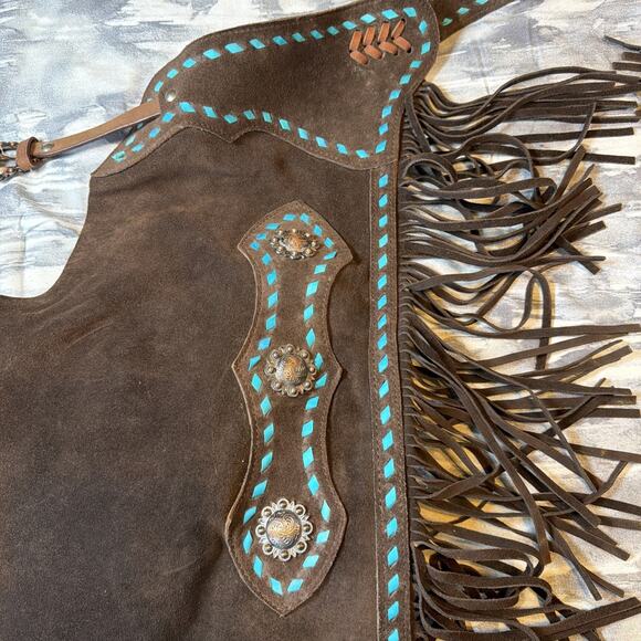 Showman Fancy Western Chinks Suede Leather Chaps Brown & Blue Women’s Med Gift - Picture 5 of 11